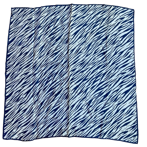 Vintage Oscar De La Renta Silk Scarf Navy Blue & White Mod Stripes Large Square - Picture 1 of 9